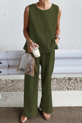 Ensemble deux pièces sans manches à col rond et fente unie